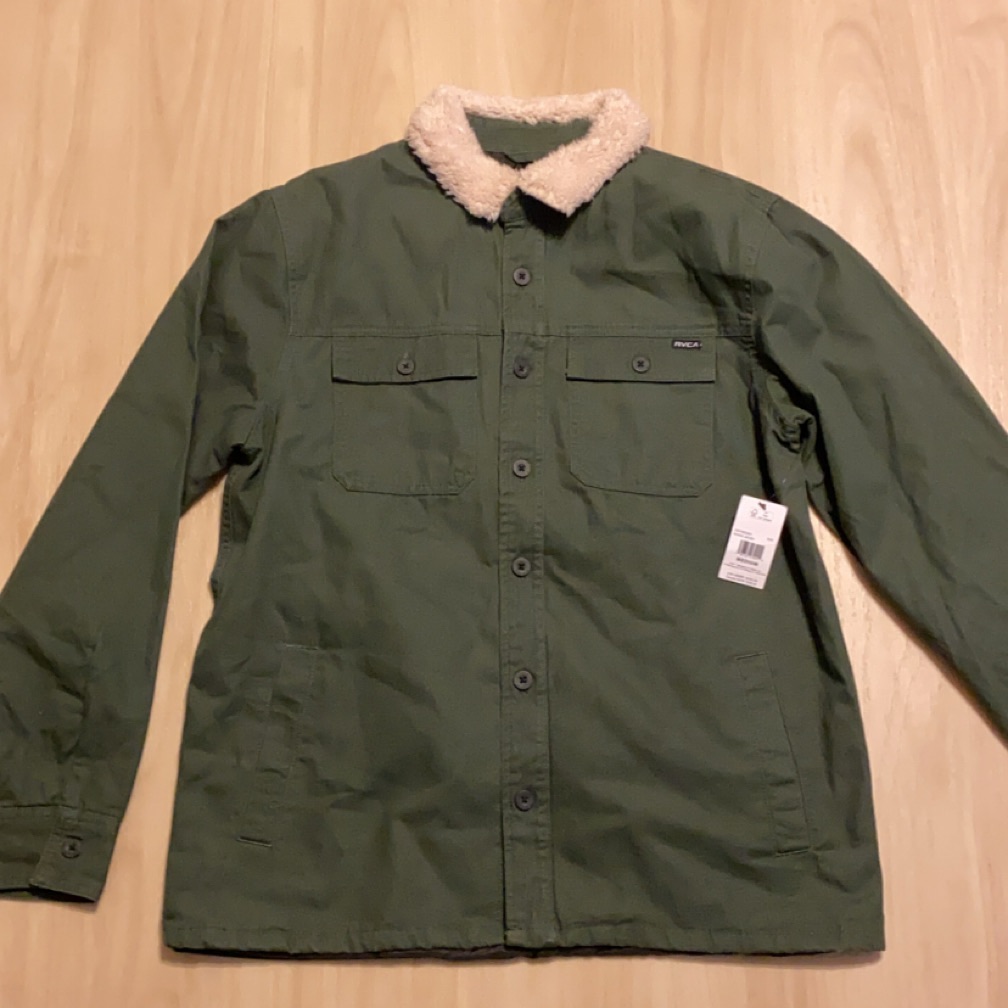 Rvca Olive Green Field Jacket With Cream Sherpa Collar